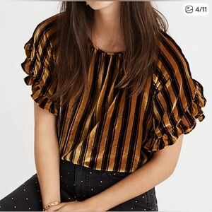 MADEWELL Academia 🦉 Gold & Maroon Stripe Velvet Blouse Memento Ruffles Preppy L